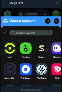 mega dice wallet connect
