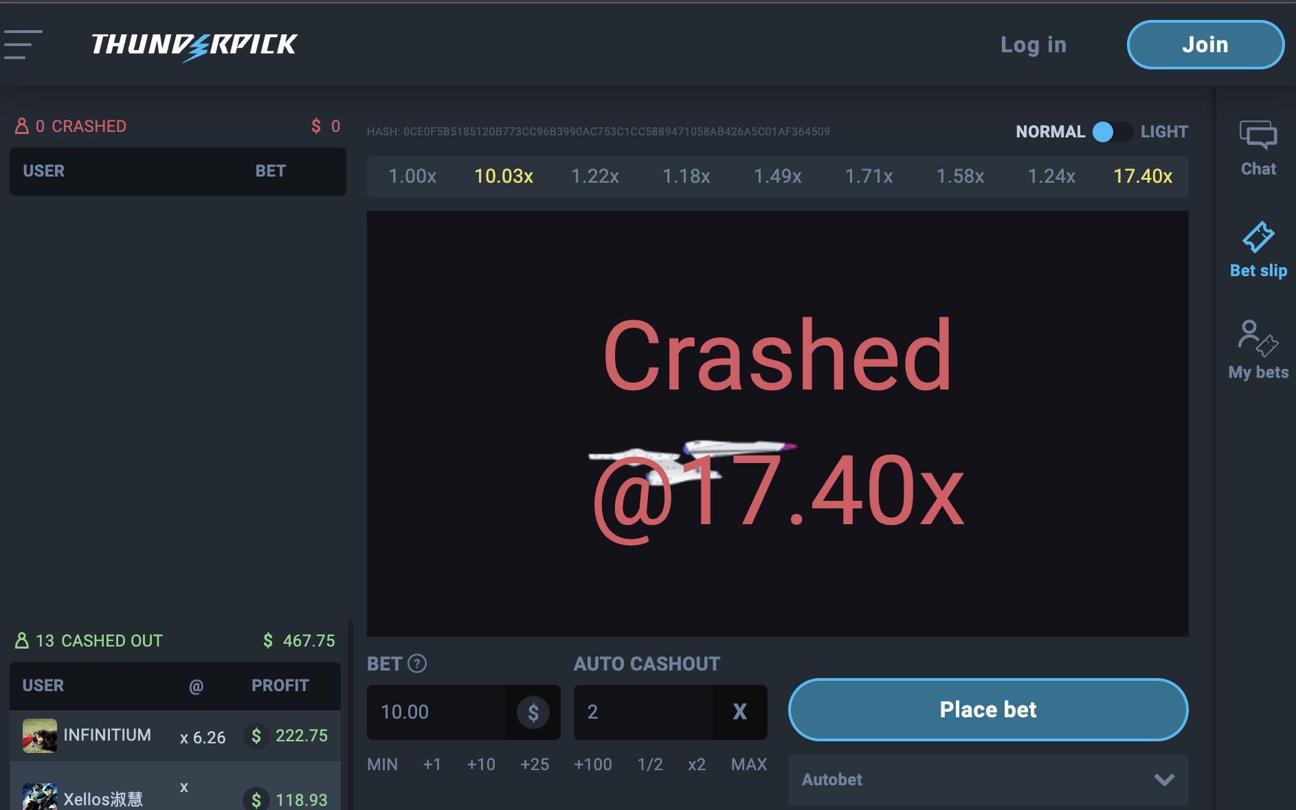 Thunderpick Crash Game